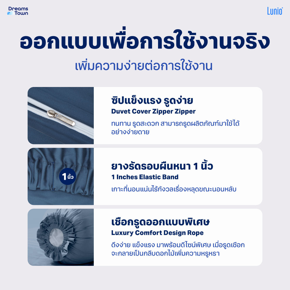เซ็ตผ้าปูที่นอน เกรดพรีเมียม 6ฟุต LUNIO SMART SNOWWEAVE BEDDING SET QUANTA BLUE สีน้ำเงิน 3ชิ้น (สำหรับที่นอนหนา 13นิ้ว)_5